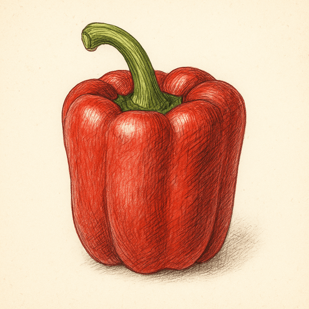 Hand-drawn red bell pepper illustration in a traditional botanical style