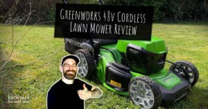 Greenworks 24V+24V cordless lawn mower in a UK garden – product review banner featuring lawn mower and smiling reviewer