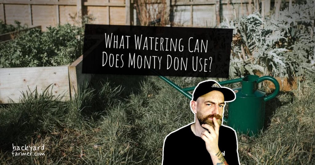 Stylised feature image showing Monty Don’s trusted green Haws Warley Fall watering can in a raised bed garden, with overlay text ‘What Watering Can Does Monty Don Use?’ and a thoughtful male figure superimposed in the foreground.