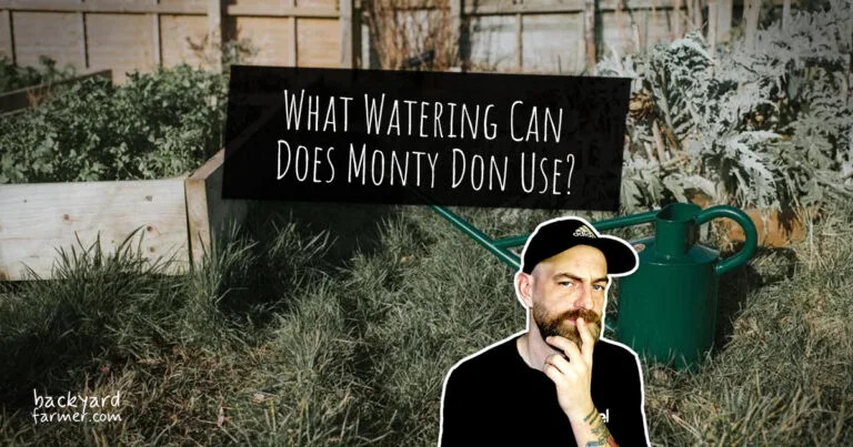 Stylised feature image showing Monty Don’s trusted green Haws Warley Fall watering can in a raised bed garden, with overlay text ‘What Watering Can Does Monty Don Use?’ and a thoughtful male figure superimposed in the foreground.