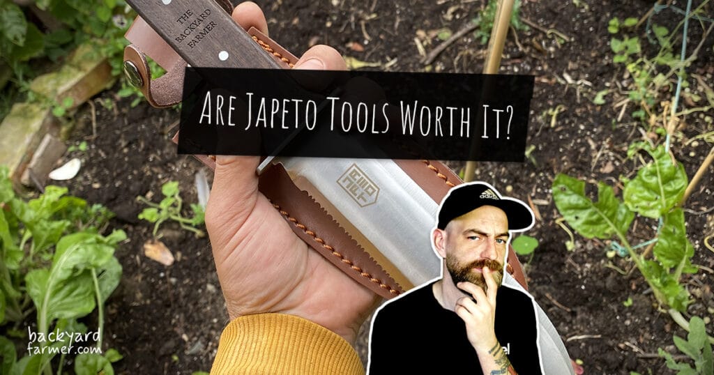 Feature image showing a gardener holding a Japeto Hori Hori knife in a vegetable bed, with text overlay 'Are Japeto Tools Worth It?' and a thoughtful cut-out of the author.