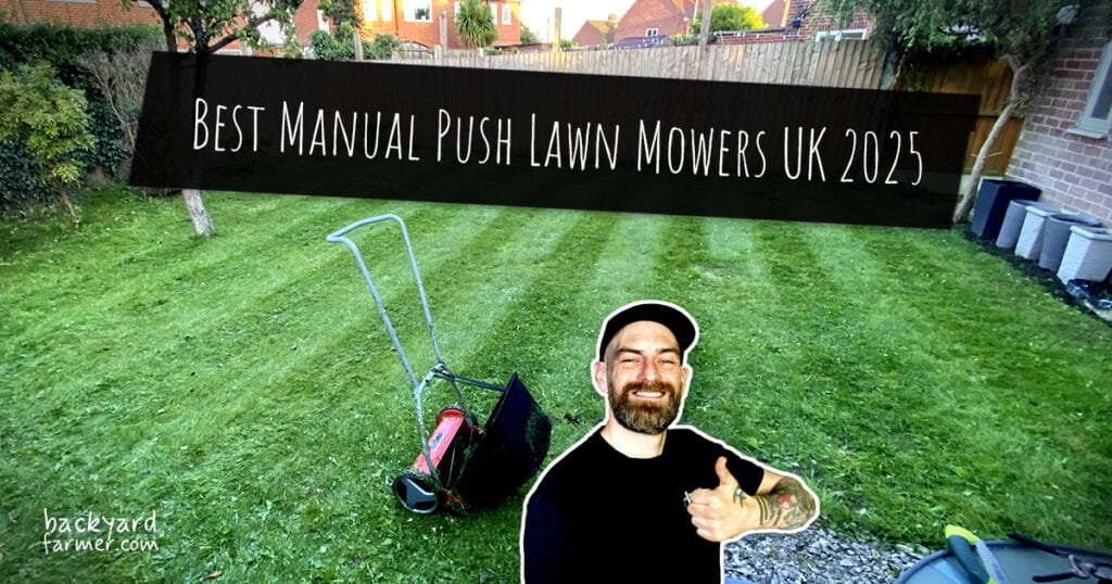 Best Manual Push Lawn Mowers UK 2025 – Gardener standing on freshly cut striped lawn with a push mower, article header image.