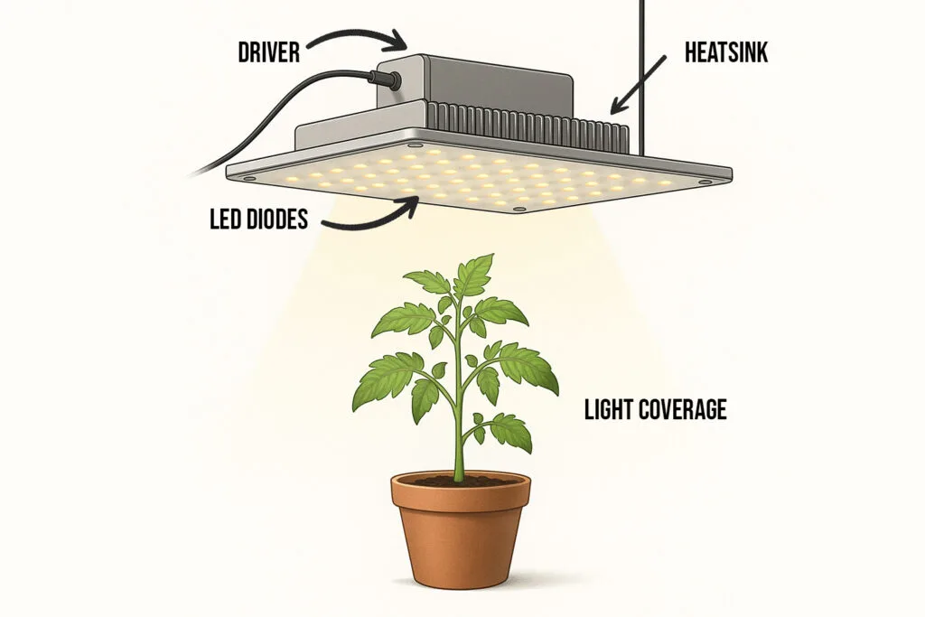 Side profile of a modern LED grow light panel suspended above a small tomato plant in a pot, showing a soft cone of light illuminating the plant against a plain white background.