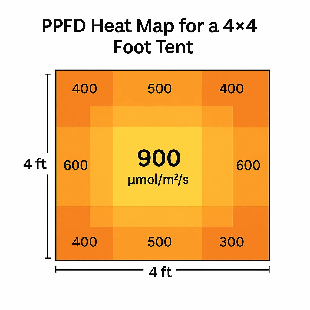 Overhead heatmap of a 4x4 grow tent showing PPFD light intensity from an LED panel, with green to red gradient representing canopy coverage.